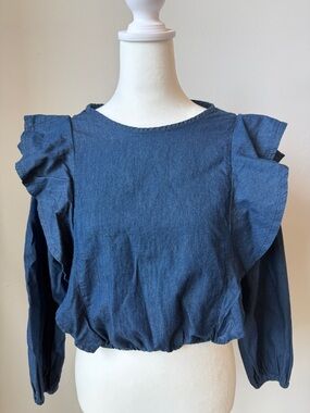 Denim-Effect Navy Ruffle-Shoulder Long Sleeve Top